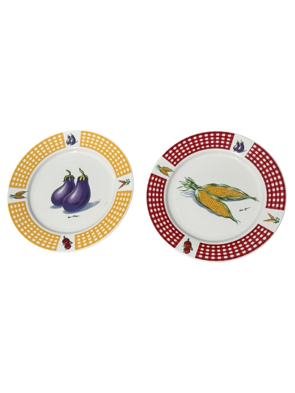 Vintage Fresh Vegetables Dinner Plates Set w 2 Eggplant Corn Gingham Cottagecore